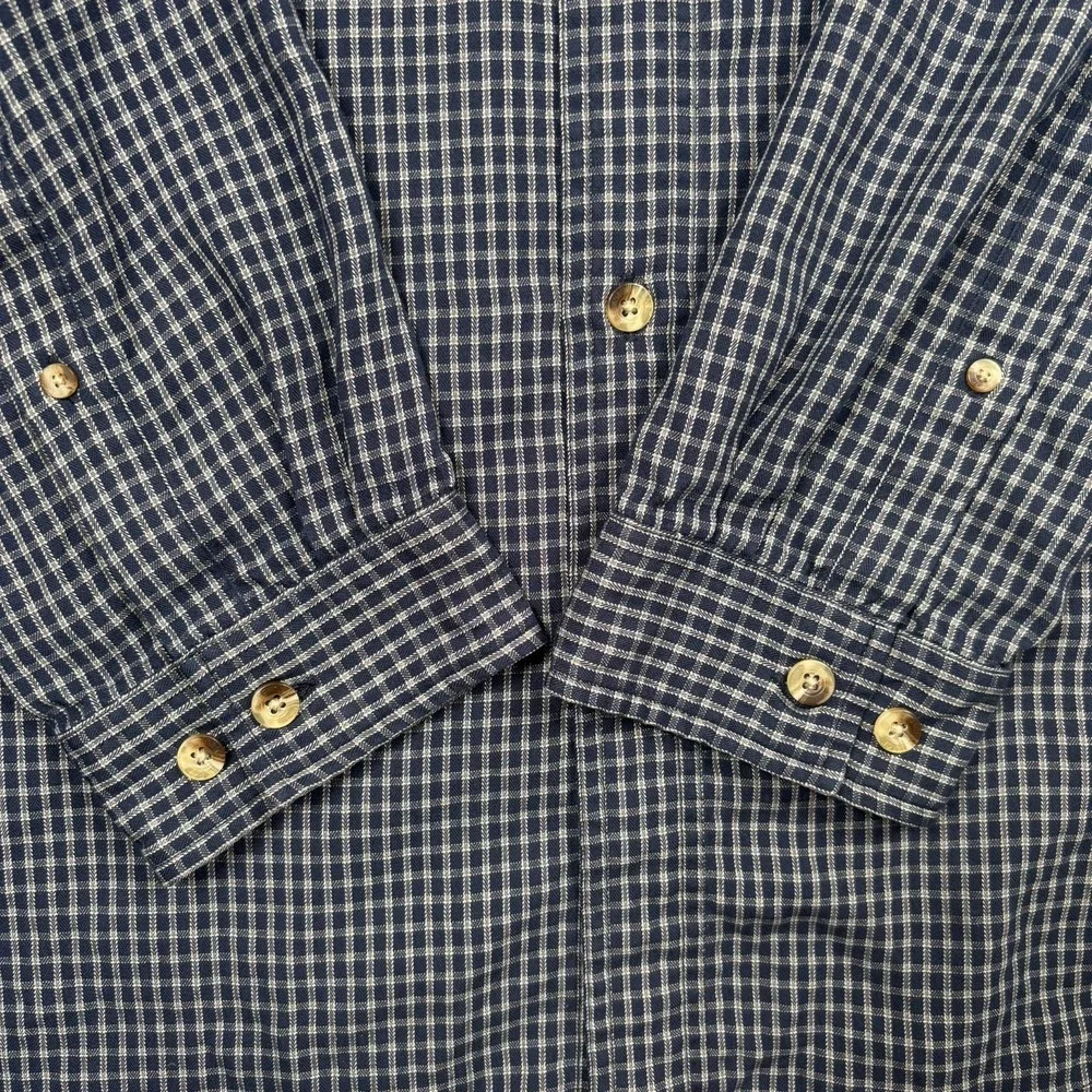 The North Face Mens Large Plaid Button Up Shirt Navy Blue Outdoor Hiking Cotton